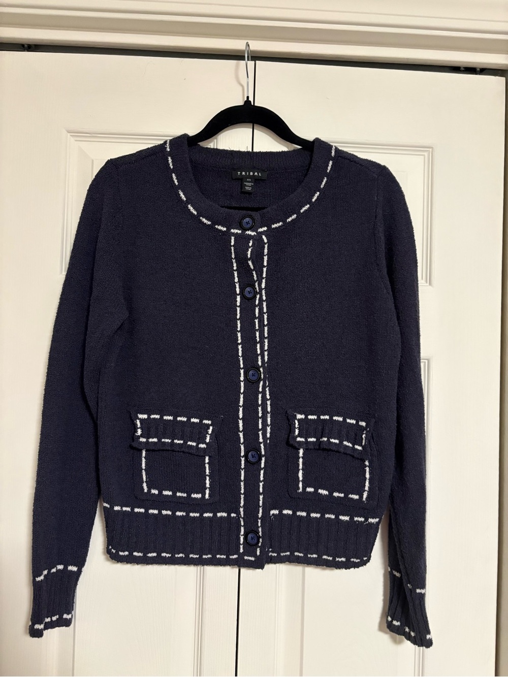 Tribal Navy Cardigan with White Stitch Trim